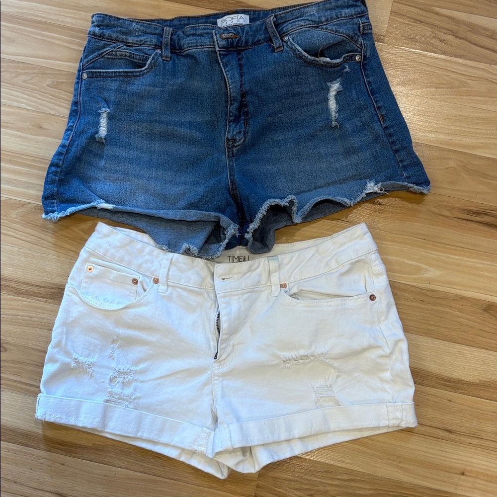 Time and Tru Blue and White Distressed Jean Shorts